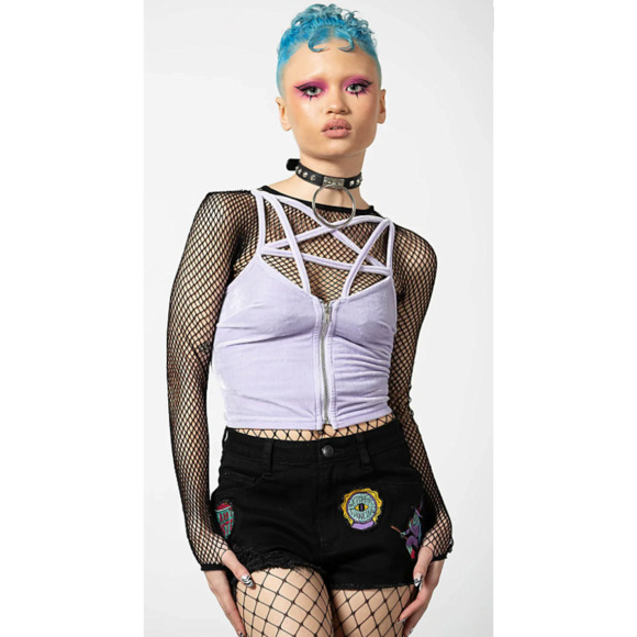 Killstar Tops - KILLSTAR Lost in Sin crushed velvet strappy pentagram crop top [PASTEL LILAC]